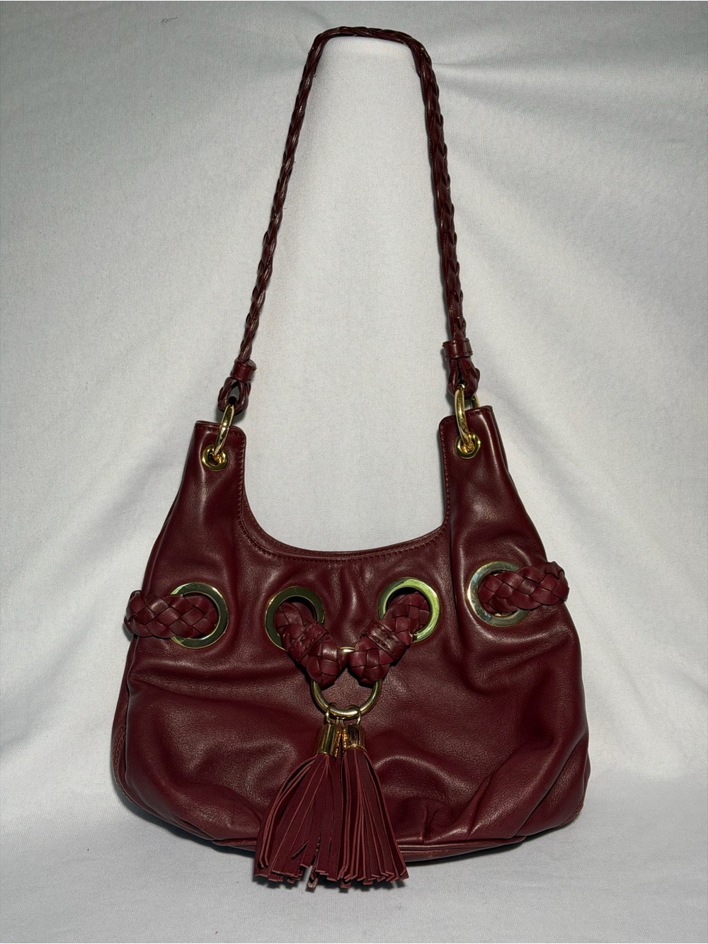 Michael Kors Burgundy Leather Braided Grommet Tassel Shoulder Bag Gold Hardware